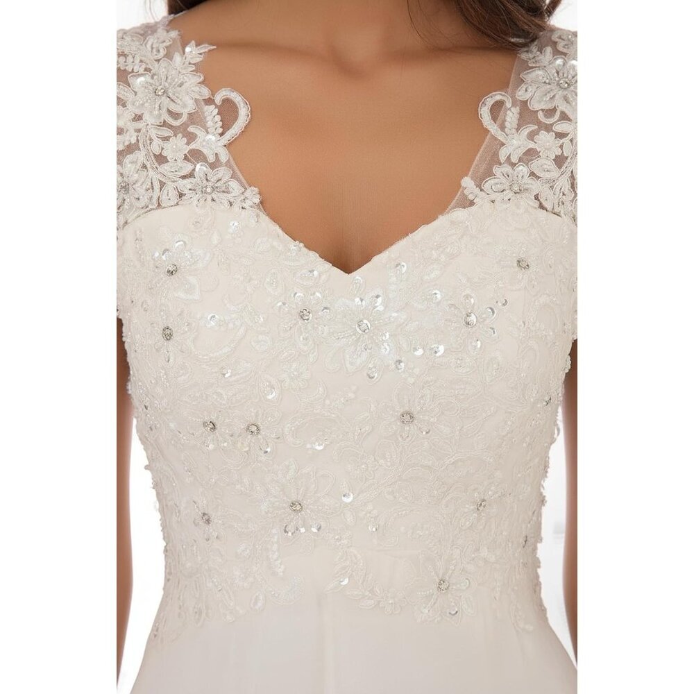 Women's Off-white Lace Double V-neck Sleeveless Imported Evening Wedding Dress - Picture 5 of 6